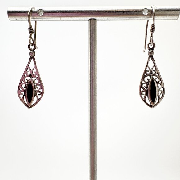 Sterling Silver 925 Black Enamel Scroll Design Dangle Earrings Size 1.25" Length - Picture 1 of 11